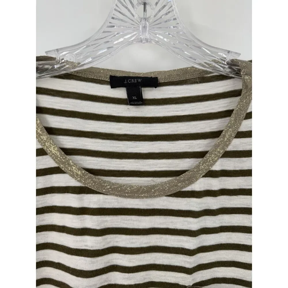 J. Crew Women’s Short Sleeve Striped Tee Olive Ivory Metallic Collar Size XL